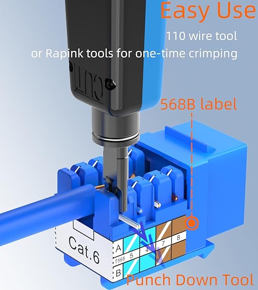 Rapink RJ45 Keystone Jack Cat6 10G Support, Cat6 Keystone Jacks UTP 10 Pack for Wall Plate and Patch Panel, Rj45 Keystone 90 Degree Blue Color for Cat 6, Cat5e, Cat5 Cabling