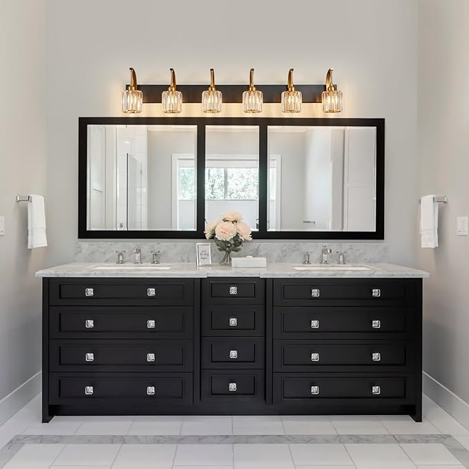 FDPBY 6-Light Crystal Vanity Light, Black Gold Modern Wall Sconce with K9 Crystal Shades, 51.18" Long Over Mirror Lighting for Bathroom, Makeup, Hallway, Elegant & Easy Install