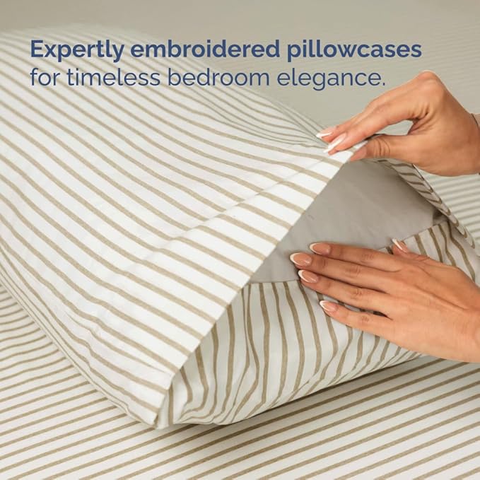 Full XL Bed Sheet Set - 4 Piece Extra Long Extended Full XL Sheets - Soft, Breathable & Cooling - Fits 8" to 16" Mattress with Deep Pockets - 54" x 80" - Wrinkle and Fade Resistant - Beige Stripes 2