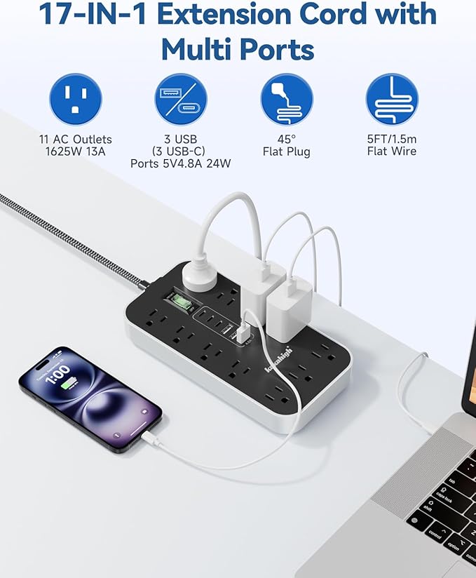 20 FT Extension Cord with USB Ports- Power Strip with USB, 1625W Multi Outlet with 11 AC Outlet 6 USB (24W/4.8A), Charging Station for Multiple Devices, for Home, Office, Dorm, Gaming Room Essentials