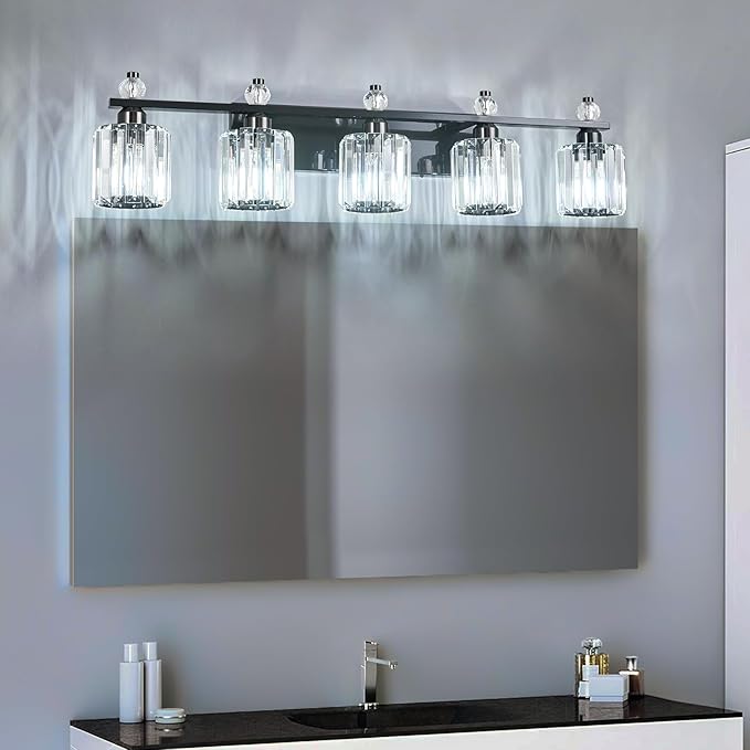 FDPBY Bathroom Vanity Lights 5-Light Plating Black Modern Crystal Vanity Light Fixtures Over Mirror Crystal Bathroom Vanity Lighting Fixtures