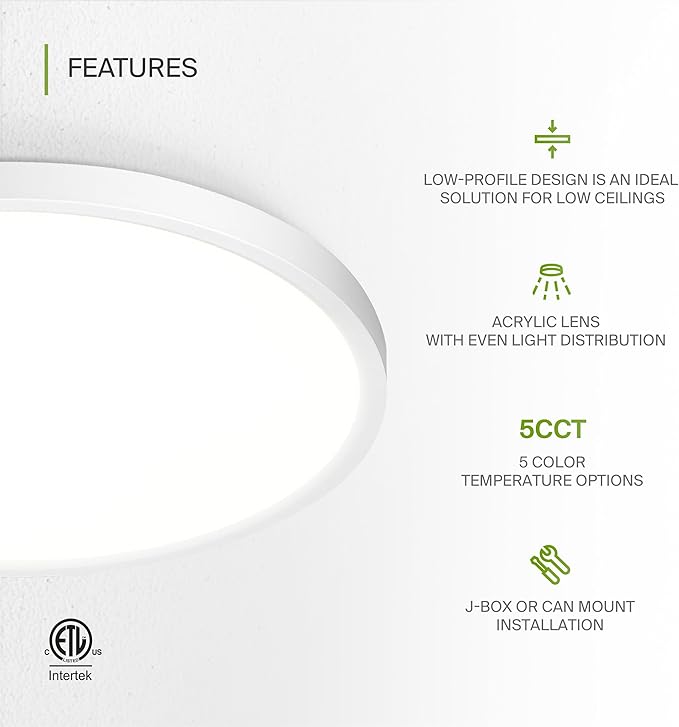 ASD LED 12" Round Flush Mount Ceiling Light Fixture, Low Profile Surface Lighting | 5CCT, Dimmable, Ultra-Thin, ETL Listed | 24W 1900LM 2700-6000K 120V | Kitchen, Hallway Lamp | White, 12 Pack