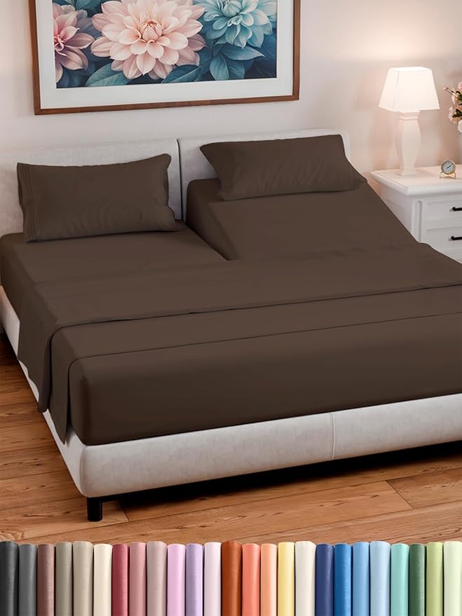 Split Head King Sheet Set – 4 Piece Flex Split Top King Sheets for Adjustable Beds - Fits 14” to 16" Mattress w/ Deep Pockets - Ultra-Soft, Breathable & Cooling - Luxury Bedding & Wrinkle Free - Brown