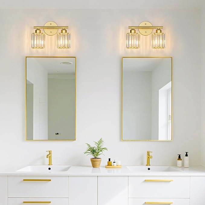 FDPBY Modern 2 Light Crystal Vanity Light, Gold Vertical Bathroom Light Fixture Over Mirror for Dressing Table Sink, Compatible with Dimmable Bulbs (Bulbs Not Included)