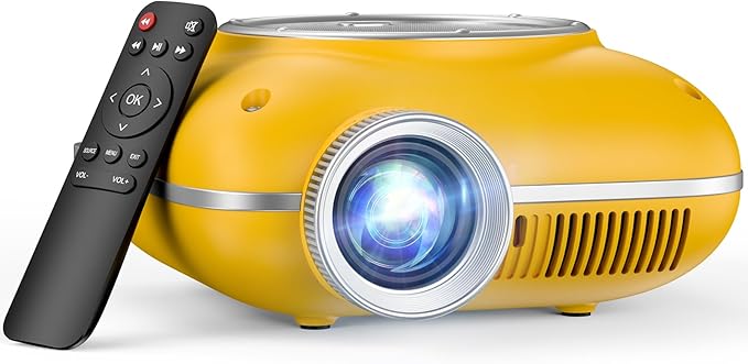 HOMPOW Mini Projector with Two -Way Bluetooth, Portable Projector for Home Theater Use, Support 1080P for Outdoor Projector/Movie Projector Compatible with HDMI, USB, Laptop, TV Stick (Yellow)