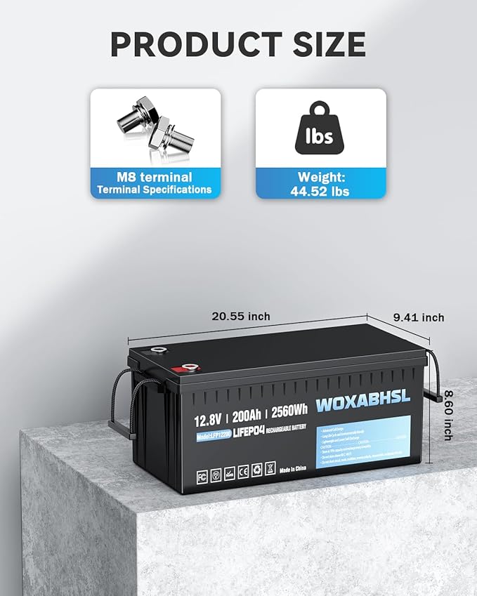 WOXABHSL 12V 200Ah LiFePO4 Lithium Battery 2 Parks, Built-in 200A BMS, 15000+ Deep Cycles, Max 2560W Power Output, FCC&UL Certificates, Perfect for RV, Solar, Marine, Off-Grid, etc.