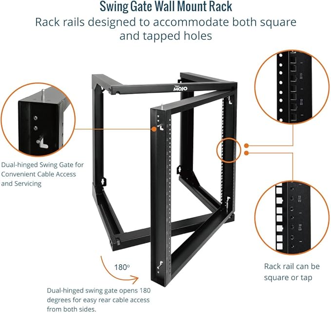 Tecmojo 12U Wall Mount Server Rack, Open Frame Network Rack for 19" Computer/AV/Data/IT/Media Equipment, 18" Depth, 16" Apart Mounting Holes, Swing Gate, Square and Tapped Holes