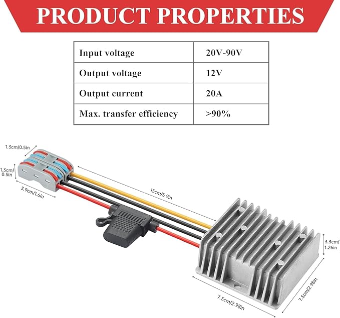BEYIMEI 20A 240W DC Step Down Converter 20-90V to 12V, 24V 36V 48V 60V 72V 84V to 12V Buck Converter,DC Voltage Converter Power Conversion for Golf Cart, Forklifts Car, Solar Panel