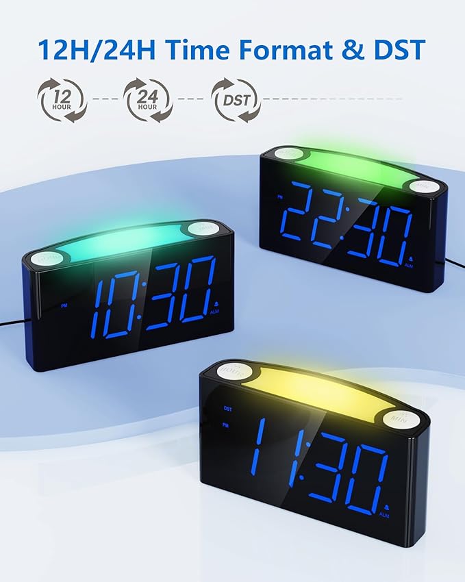 Digital Alarm Clock for Bedroom - 7 Color Night Light, USB and Type-C Charger,7.5" Large Number Screen & Dimmer,12/24H,Battery Backup,Easy Loud Electric Alarm Clock for Heavy Sleeper,Boy&Girl Kid Teen
