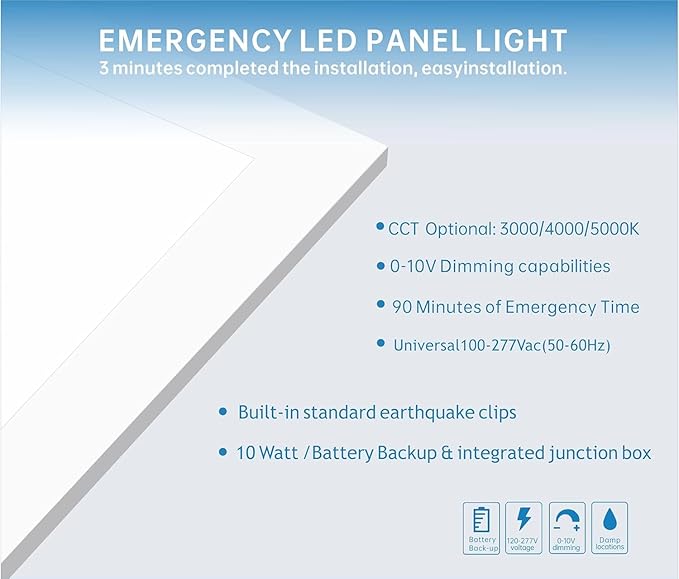 2X2 LED Flat Panel Light Emergency Battery Backup, 40W-3000K/4000K/5000K, 0-10V Dimmable, 4390 Lumens, LED Drop Ceiling Light, 100-277V, DLC and UL Listed, Ultra Thin Back-Lit (16 Pack)