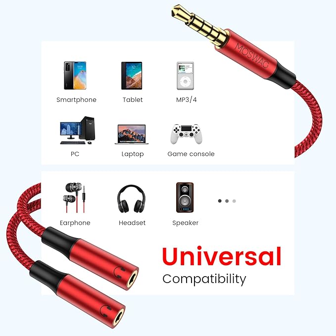 MOSWAG Headphone Mic Splitters Adapter Audio Headphone Connector Mutual Convertors for Gaming Headset, PS4, Xbox One, Notebook, Mobile Phone and Tablet