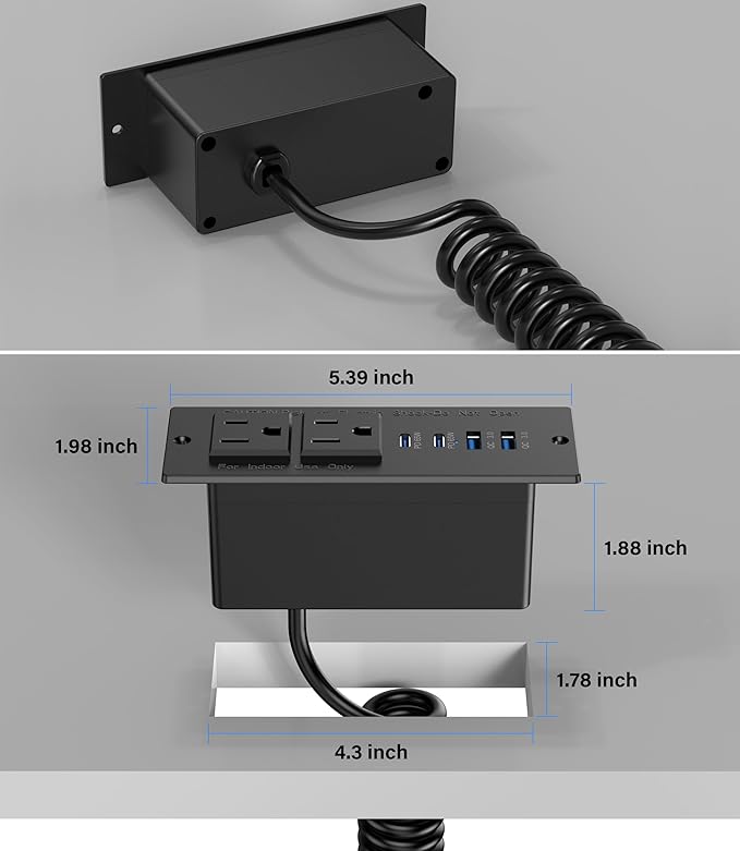 Recessed Power Strip USB C 65W Fast Charging Station,in Drawer Outlet,Furniture Flush Mount for Desktop,Workspace Essential Desk Outlet (Black, 10FT)