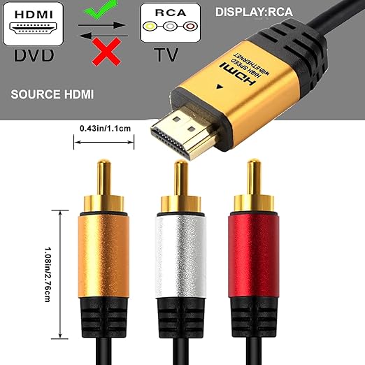 HDMI to RCA 10FT Cable with IC, HDMI Male to 3-RCA GD AV Cable Video Audio Component Converter Adapter 1080P Cable for TV HDTV DVD