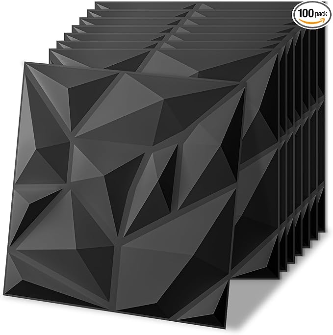 Art3d 100 Pack Decorative 3D Wall Panels, 97 Sq.Feet PVC Interior Wall Décor, 11.8"x11.8", Black