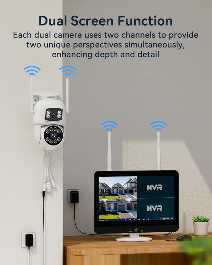 VORGUT Security Camera System Wireless Outdoor with 12" Monitor, 2pcs 2K Dual Lens Cameras for Home & Business Surveillance, 360° PTZ, 2.4G/5G WiFi, Human Detection, Auto Tracking, 16CH NVR, 500G HDD