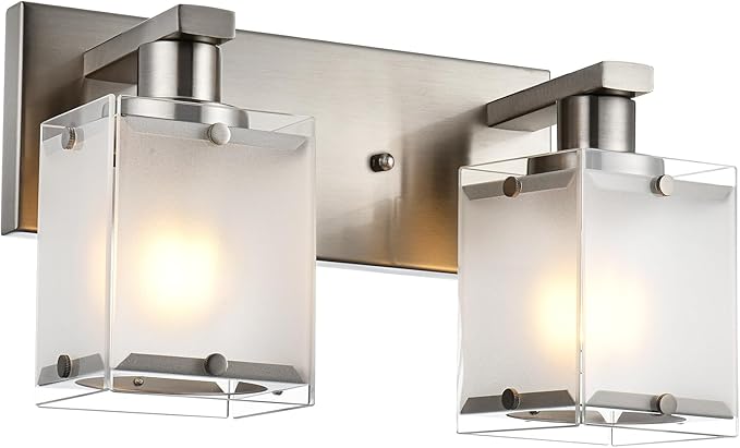 WINSHEN 2-Lights Wall Sconce Lighting, Brushed Nickel Bathroom Vanity Light Fixture with Rectangular Frosted Glass for Over Mirror, E26 Bulb Base