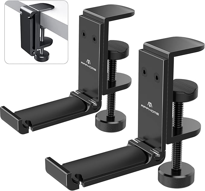 APPHOME 2Pack Upgrade Foldable Headphone Stand Under Desk PC Gaming Headset Hanger Holder Hook Clamp with Built in Cable Clip Organizer Space Save Mount Fold Upward Not in Use, Universal Fit, Black
