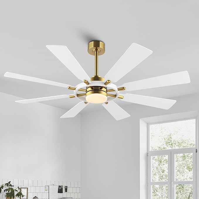 ELEHINSER 60 Inch Ceiling Fan with Lights and Remote Control, 8 Plywood Blades, 6-Speed Noiseless Reversible DC Motor, 3CCT, Windmill Ceiling fan for Kitchen Bedroom Living Room, Brass and White