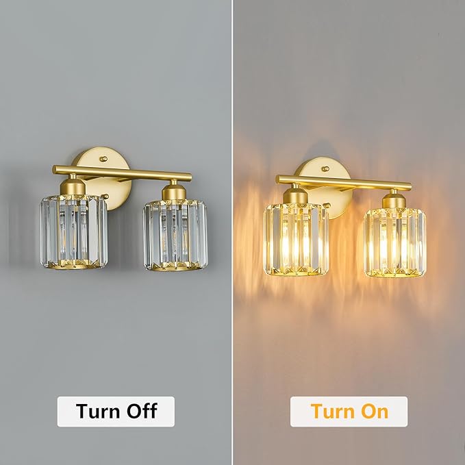 FDPBY Modern 2 Light Crystal Vanity Light, Gold Vertical Bathroom Light Fixture Over Mirror for Dressing Table Sink, Compatible with Dimmable Bulbs (Bulbs Not Included)