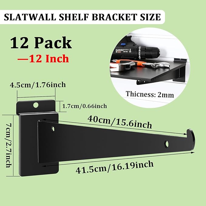 APOCHON 12 Pack Slatwall Shelf Bracket 12 inch, Heavy Duty Slatwall Knife Shelf Bracket for Slat Wall, Metal Slatwall Accessories with Lip for Slatwall Panels Shelving Display Home Commercial