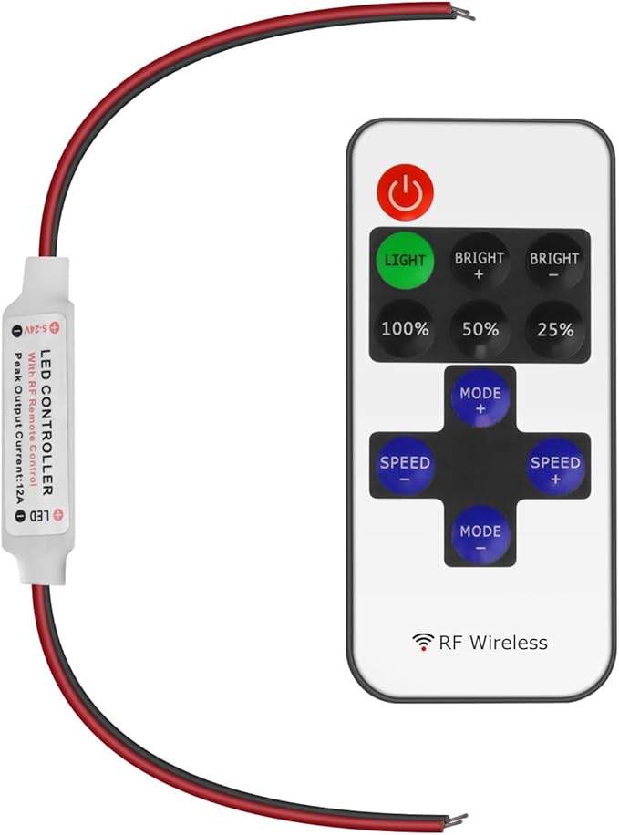 RF Mini Wireless Remote Controller for Single Color 3528 5050 LED Strip Lights, Wireless Remote Control with Connector, RF LED Strip Light Dimmer