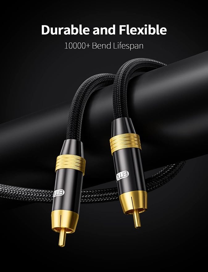 Subwoofer Cable,EMK Digital Coaxial Audio Cable [24K Gold-Plated, Durable Cotton] Premium S/PDIF RCA Male to RCA Male for Home Theater, Soundbar,Speaker,HDTV, Subwoofer, Hi-Fi Systems (Black-5ft/1.5m)