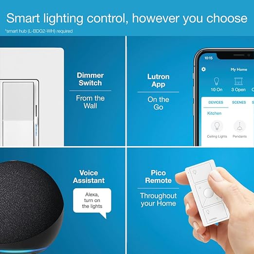 Lutron Diva Smart Dimmer Light Switch for Caseta Lighting (Lutron Smart Hub Required), for LED Lights, 150W, Single-Pole/3-Way, No Neutral, Gray (DVRF-6L-GR)