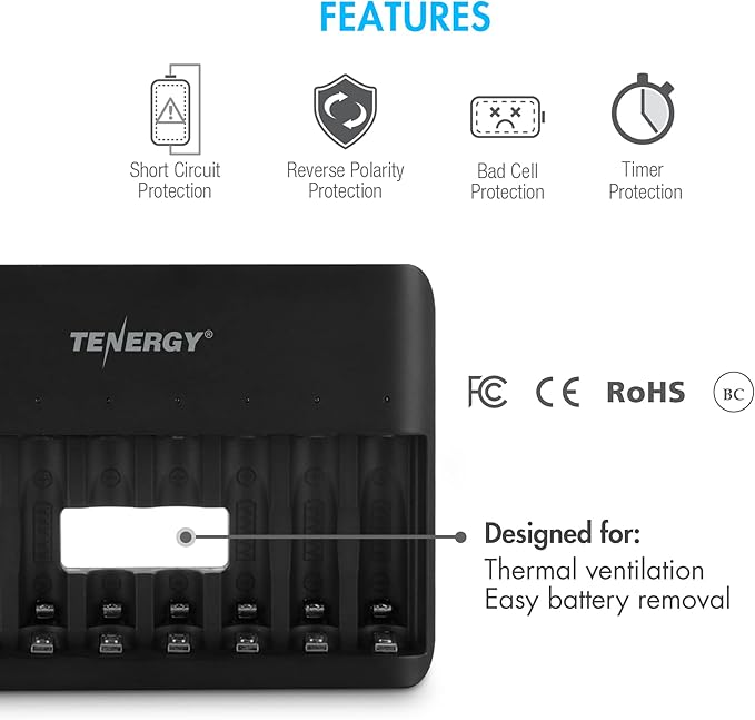 Tenergy TN477U 8-Bay Fast Charger for NiMH/NiCD AA AAA Rechargeable Batteries with 4pcs 2500mah AA and 4pcs 1000mah AAA Rechargeable Batteries