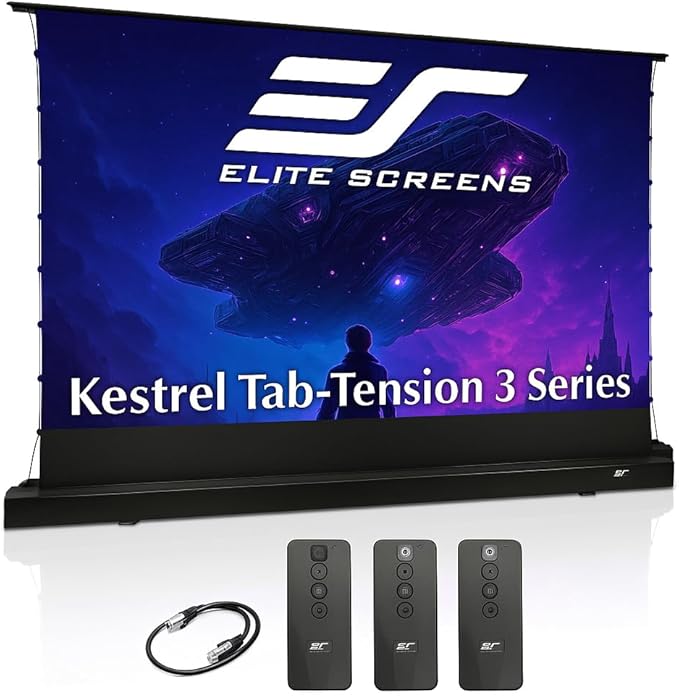 Elite Screens Kestrel Tab-Tension 3 CineWhite, 150 inch 16:9 Aspect Ratio, ISF Certified, Electric Floor-Rising Motorized Tab-Tensioned Front Projector Screen, Programmed Remote Kit, FTE150H3