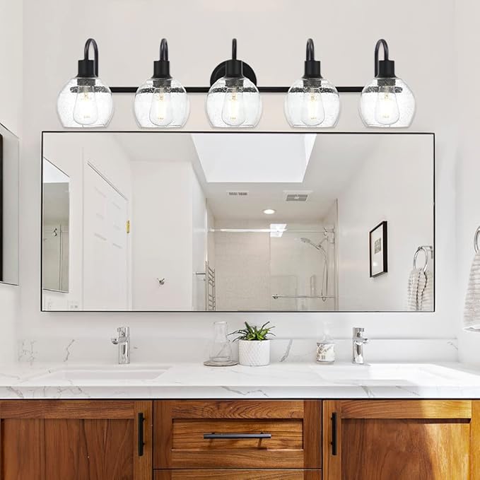 WINSHEN 5-Lights Black Bathroom Vanity Light Fixtures Over Mirror, Modern Vanity Wall Sconce Lighting with Globe Seeded Glass Lampshades for Bedroom Kitchen Hallway