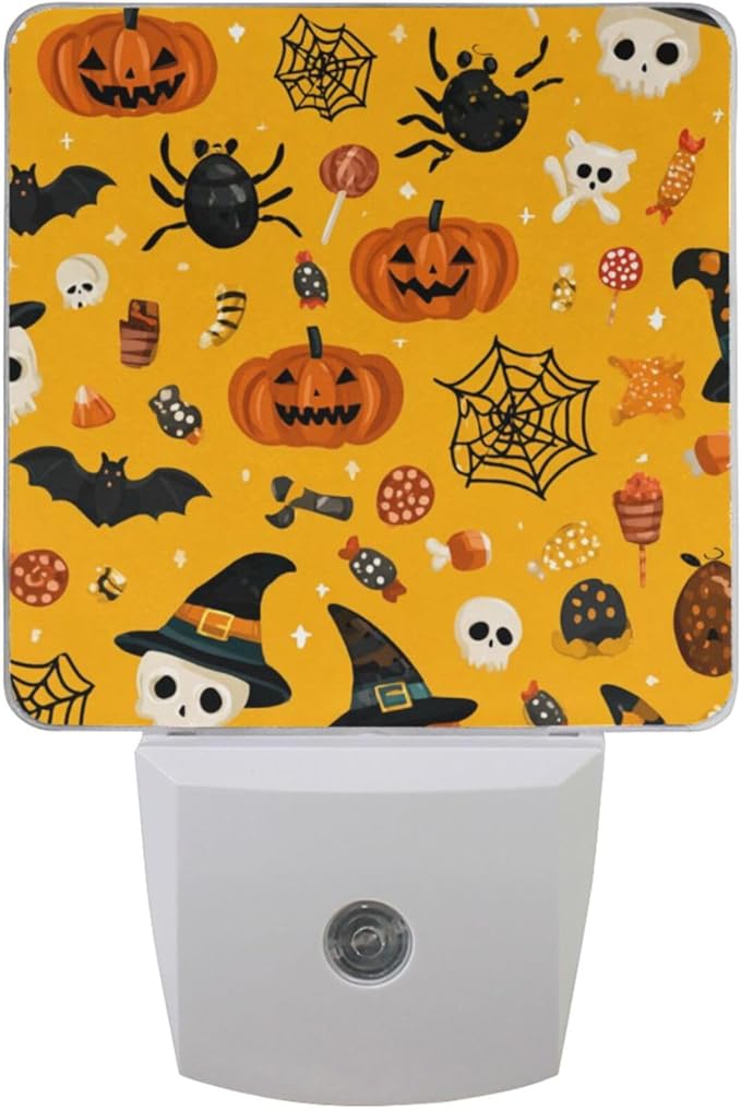 Pigsaly Led Night Light Cute Halloween Pumpkin Witch Hat Bat Skull Spider Web Candy Night Light Plug in Wall Lamp Smart Dusk to Dawn Sensor Nightlight Led Lamp Energy Saving Lights Gift for Kids Roo