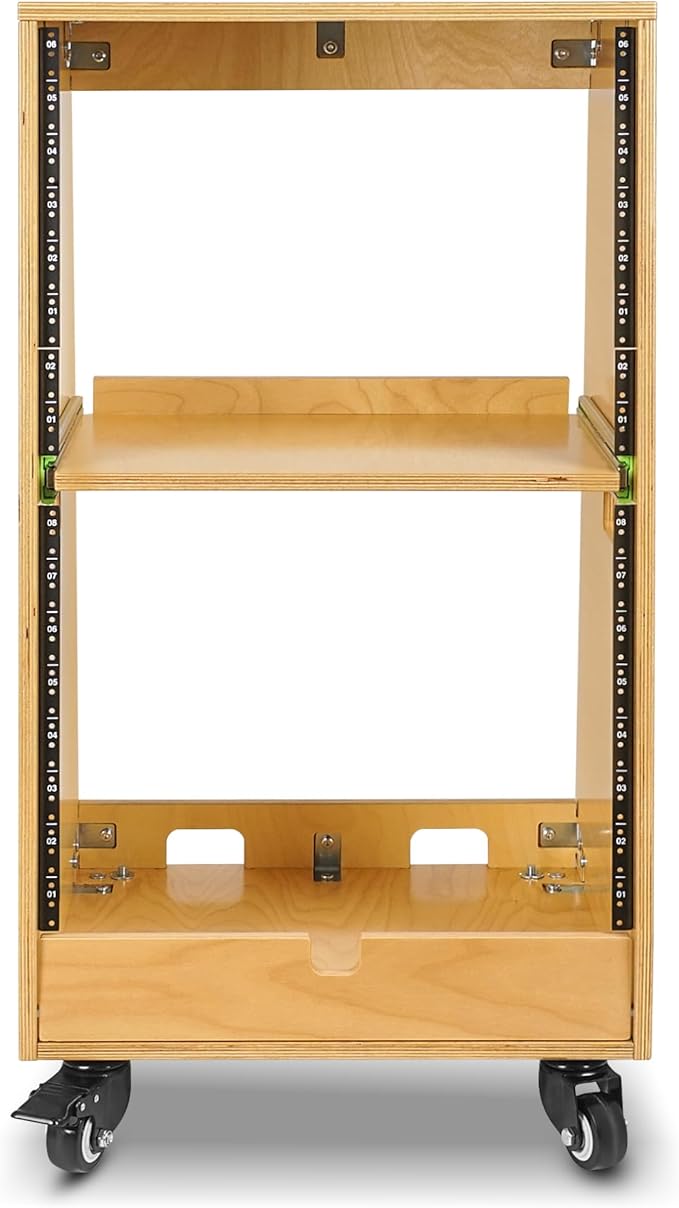 Sound Town DIY Slanted 16U Studio Rack (8U Top + 8U Lower), with 2U Bottom Storage, Slide-Out Tray, Caster, Plywood, Golden Oak For Recording Room, Home Studio (SDRK-ST16T)
