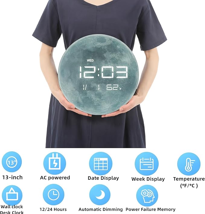 Nbdeal 13" Digital Wall Clock with LED Display, Calendar & Temperature, Automatic Dimming, 12/24hr Format, Wall & Desk Use - HUI-7860