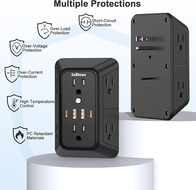 JcBlaon Outlet Extender Surge Protector - 6 Outlet Splitter with 4 USB Ports (2 USB C), Multiple Plug Expander Wall Charger, 3 Sided Multi Plug Wall Adapter Power Strip for Home Office Kitchen Travel