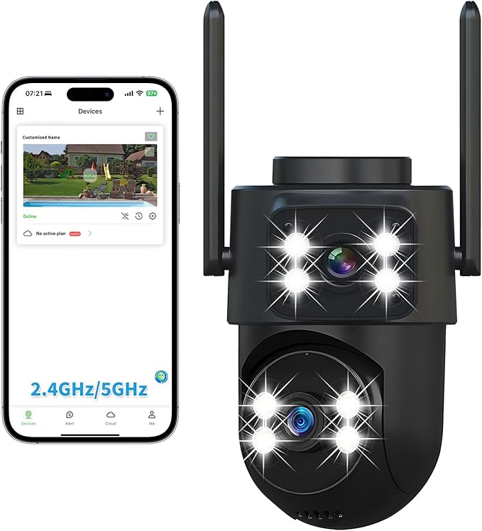 dzcctvipc 2K Dual-Lens WiFi Home Security Camera, Indoor/Outdoor Use, 360° Motion Tracking, Color Night Vision, IP65 Weatherproof, Two-Way Talk, Smart Camera, Works with Alexa & Google (No SD Card)