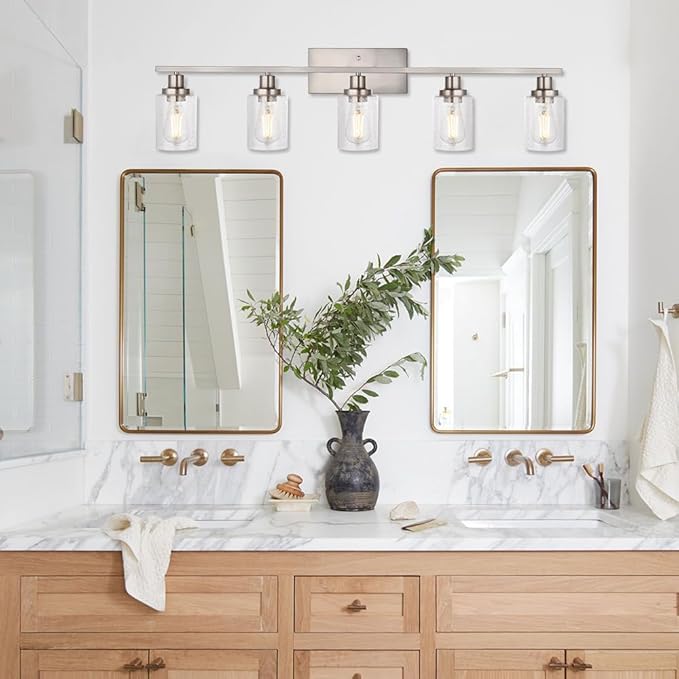 WINSHEN 40-Inches Length Bathroom Vanity Lighting Fixtures Over Mirror in Brushed Nickel, 5-Lights Industrial Sconce Wall Lamp with Seeded Glass Shades