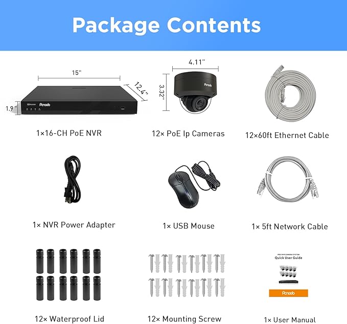 PANOOB 16 Channel Security Camera System 4K PoE, 12x 8MP IK10 Vandal Proof Dome Camera with AI Human Vehicle Detection, Built-in Mic, Remote Access 24-7 Recording, 4K 16CH NVR 4TB HDD, PD54B1216-8M