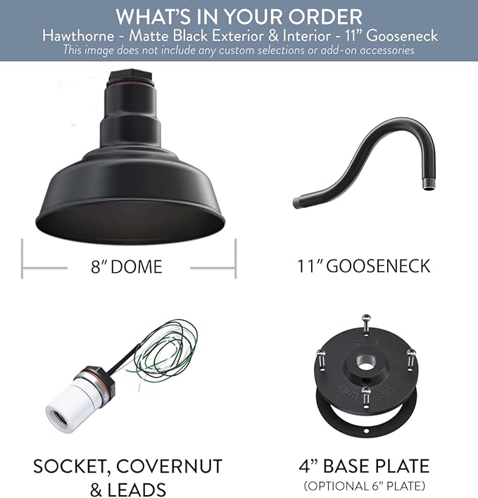 Steel Lighting Co. Hawthorne Barn Light | Outdoor Wall Mounted | 8 inch Dome | 11 inch Gooseneck| Small Farmhouse Light Made in America | Matte Black Exterior/Matte Black Interior