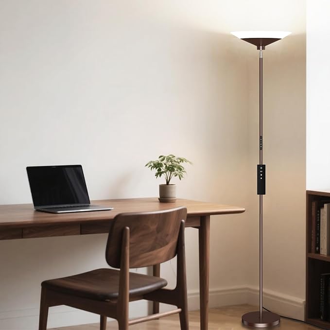 SIBRILLE Brown Torchiere Floor Lamp - 30W Dimmable LED Standing Lamp with Remote, 4 Color Temps, Stepless Dimming, 3000-6500K, 1800LM, 72in Tall Floor Light for Office Bedroom Living Room Corner