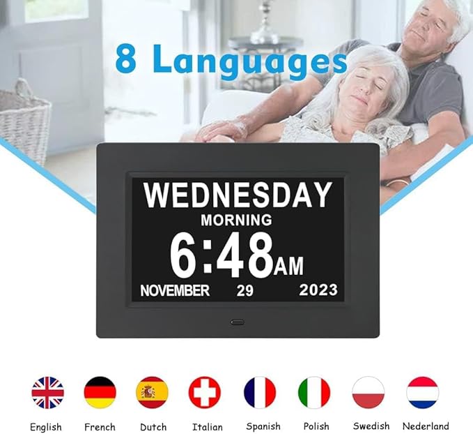 ybest 7 Inch Extra Large Day Date Time Digital Day Calendar Clock with Auto-Dimming 12 Alarm Reminders Dementia Clocks for Senior Elderly impaired Vision Memory Loss
