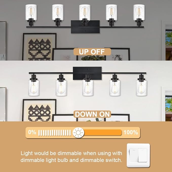 WINSHEN 40 Inches Length Black Bathroom Lighting Fixtures, 5-Light Modern Industrial Wall Sconce Vanity Light Fixture with Seeded Glass for Bedroom Over Mirror