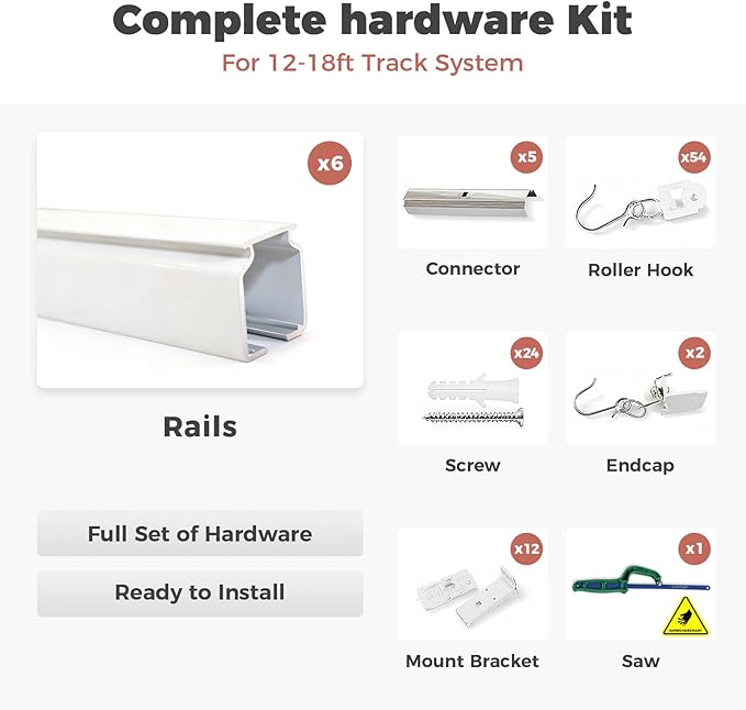 ChadMade Ceiling Track Kit with Hooks, Wall Mount Curtain Track, x-Large Size for Space 12ft - 18ft Wide, Single Window Rods Work with Grommet and Pinch Pleated Curtain
