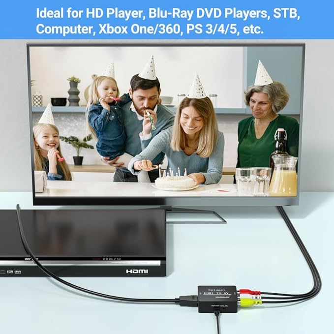 Setuact HDMI to AV Converter, HDMI to RCA Converter, Supports PAL/NTSC for Apple TV, Roku, Fire Stick, Blu-ray, DVD Player, Older TV, Projector, (with Male RCA and HDMI Cables)