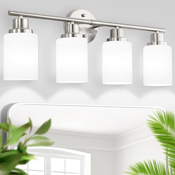 Guliaofo 4-Light Brushed Nickel Vanity Lights for Mirror, Bathroom Light Fixtures with Textured Milky White Glass Shade, Modern Kitchen Light Fixtures Wall Sconce Light - E26 Base