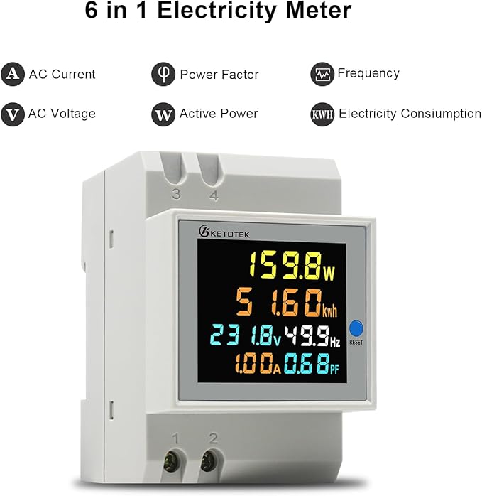 KETOTEK Single Phase Energy Meter Din Rail Electricity Usage Monitor AC 40-300V 100A Voltmeter Ammeter Watt Kwh Frequency Power Meter Built-in CT 110V