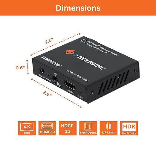 4K 60Hz HDMI Audio Extractor Converter SPDIF + 3.5MM Output Supports HDMI 2.0, HDCP 2.2, 1080P@120Hz, 1080P@144Hz, Dolby Digital/DTS Passthrough CEC, HDR10 by J-Tech Digital [JTD18G-H5CH]