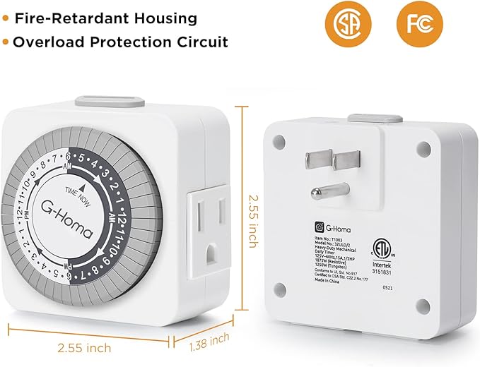 G-Homa Timers for Electrical Outlets, 24 Hour Indoor Plug-in Mechanical Timer Mini, 30 Minute Intervals, 3-Prong, Daily On/Off Cycle, for Lights, Lamps (4-Pack, ETL Listed)
