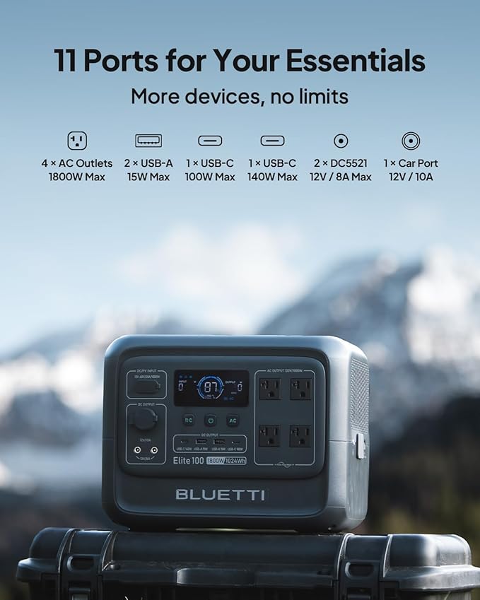 BLUETTI Elite 100 V2 Portable Power Station with Bag, 1024Wh LFP Battery Backup w/ 4 1800W AC Outlets (3600W Surge), 35% Smaller, Solar Generator for Camping, Outages, and UPS Backup