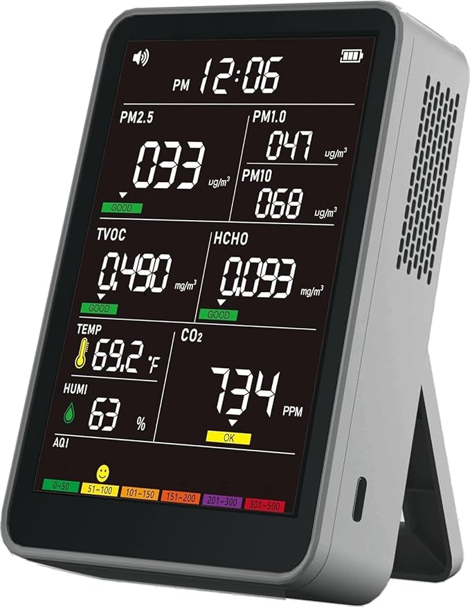 Professional Indoor Air Quality Monitor with AQI Alarms, Portable Real-Time Detector for Home Cars Plants and Pets (Cold Grey)