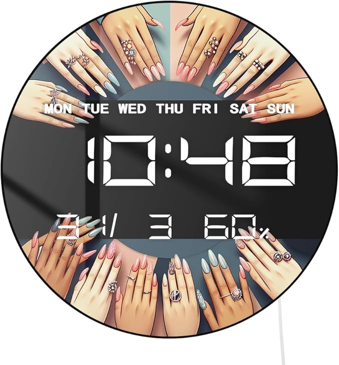 Timethink 12 Inch Nail Salon Digital Wall Clock Large Display, Nail Room Electric Wall Clock Auto-Brightness, Date, Temperature, 12/24hr, USB Powered for Nails Studio Beauty Salon Nail Technician Gift